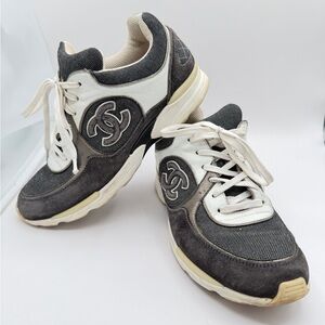 CHANEL Suede Calfskin Authentic CC Sneakers Size 38.5 Dark Grey, White,& Silver